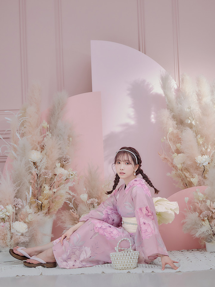 即日発送】【浴衣】大人スウィート/ピンク地に大柄牡丹浴衣 【浴衣3点