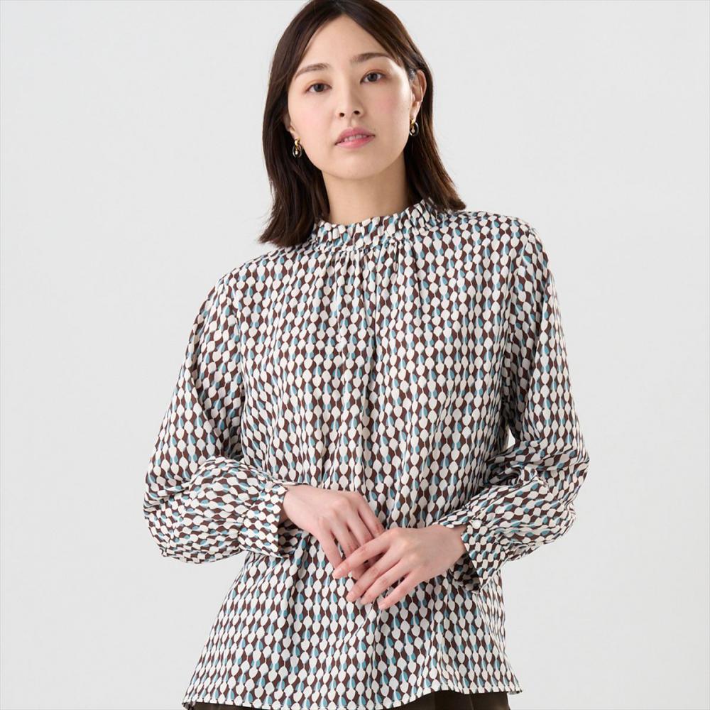 衿フリル プリント ブラウス 長袖 レディース(M ブラウン): 東京シャツ