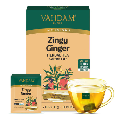 Zingy Ginger Herbal Tea, 100 Count | Caffeine Free Tea Bags | VAHDAM®