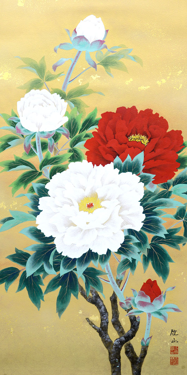 花鳥の掛け軸 広森雄山作 紅白牡丹図