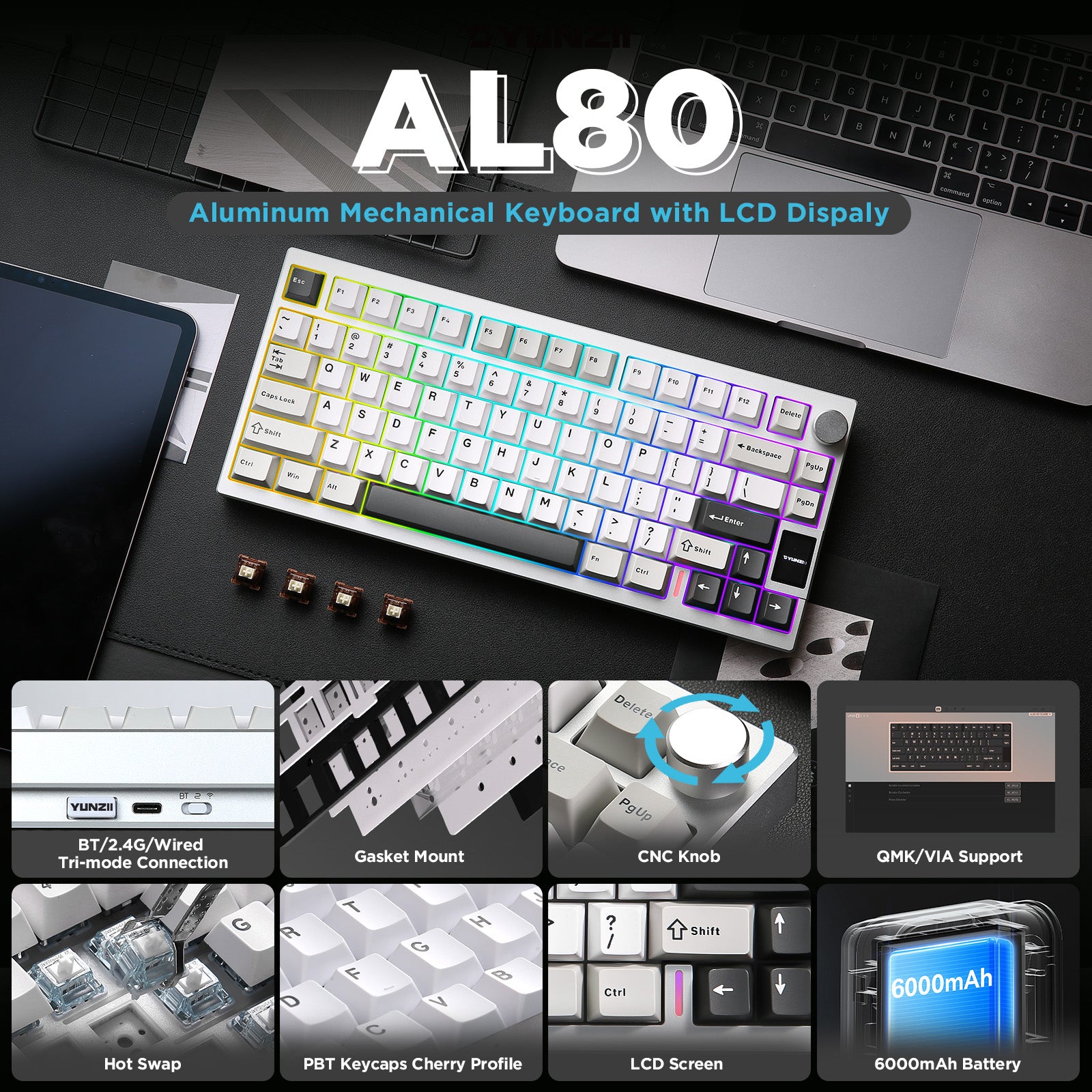 YUNZII AL80 QMK/VIA Aluminum LCD Mechanical Keyboard – YUNZII KEYBOARD