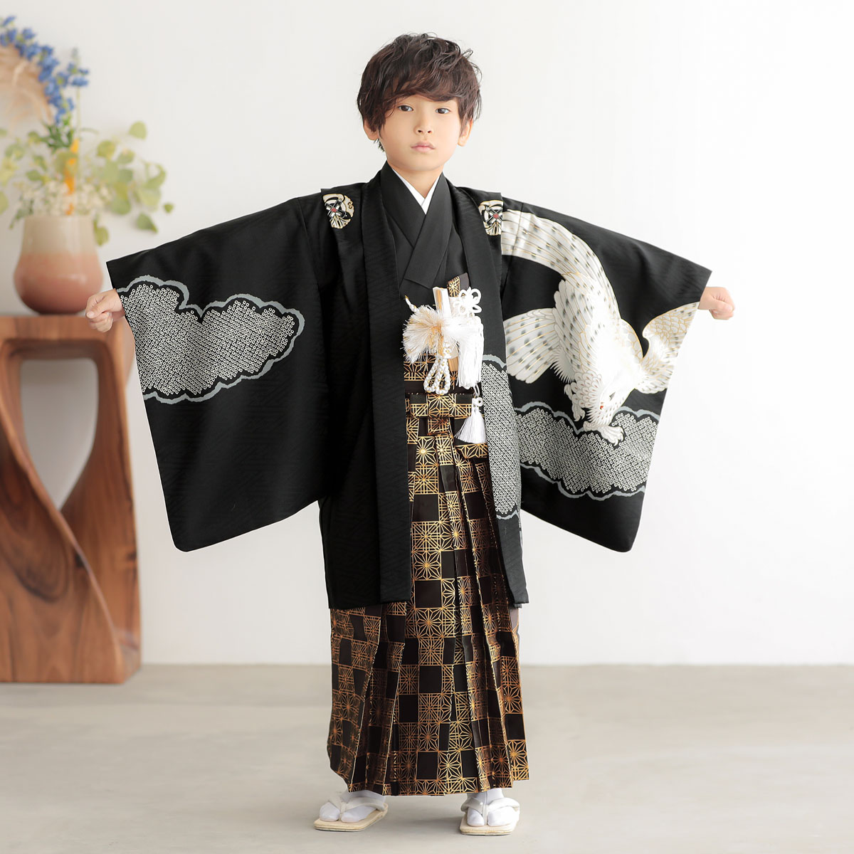 男児袴：BY168 【五歳】黒鷹に雲x黒市松 七五三男児袴レンタルセット