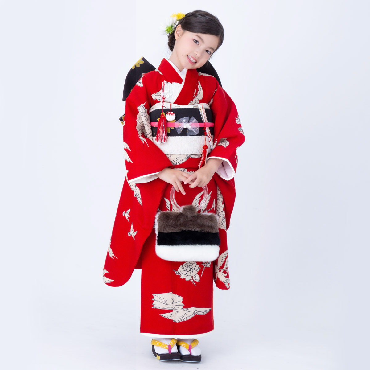 七五三七歳四つ身：N058 モダンアンテナ 赤 天使とお城 | 七五三着物