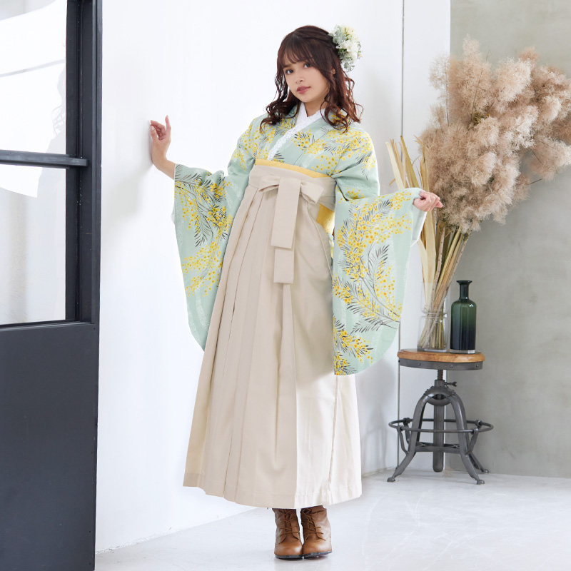 二尺袖袴：G948 ブルーグリーン 立湧にミモザ│ 袴レンタル │ 京都