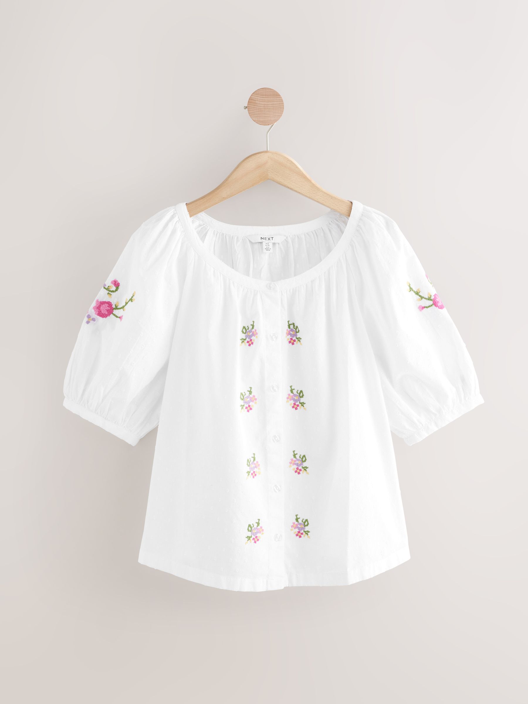 Buy White Floral Embroidered Puff Short Sleeve Top from Next USA