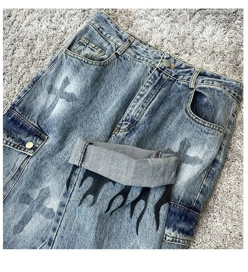 Flame Y2K Cross Graphic Print Straight Baggy Jeans