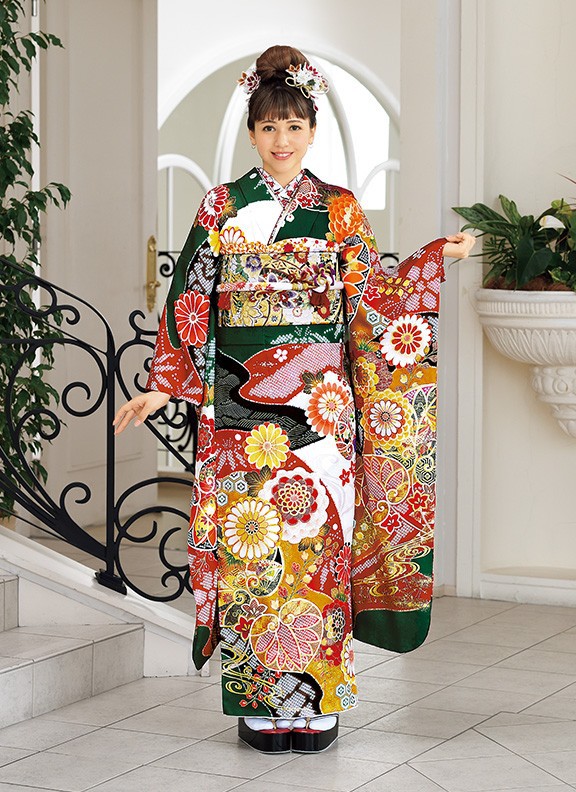 緑地振袖 道長取りに葵や菊｜振袖ギャラリー | 成人式の振袖レンタル