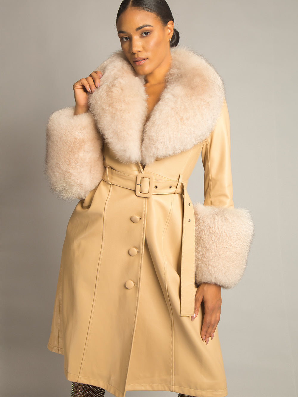 Foxy Leather Coat w/ Fox Fur In Tan -..-. ZCRAVE™ OFFICIAL ONLINE