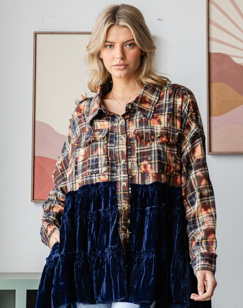 Bleached Plaid Shirt w/Velvet Ruffle – Zadie B's Fashions