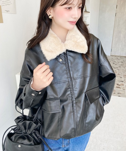 moment+ レザージャケット ライダース ファーティペット付きフェイク