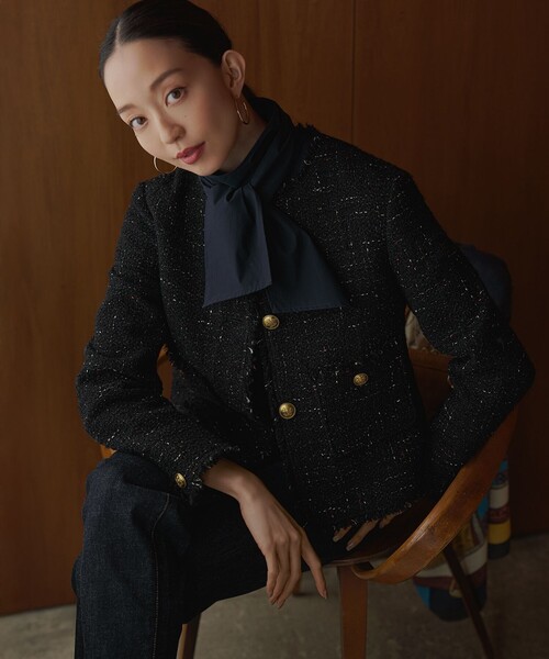 ジャケット ノーカラージャケット GIOLICAツイード ノーカラー ボタン