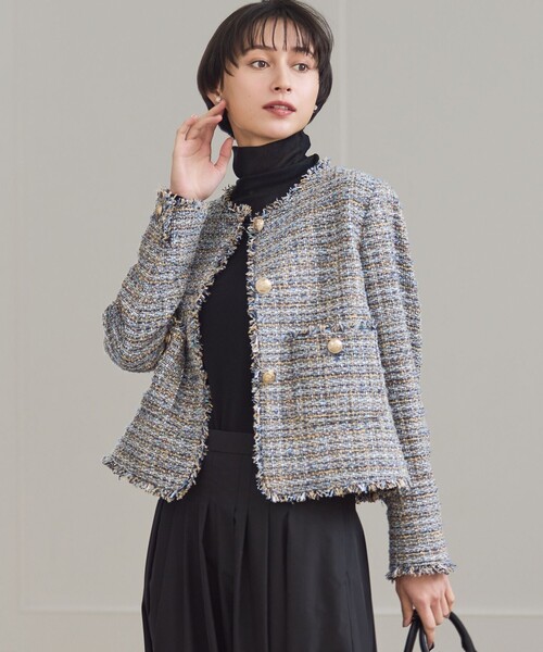 ジャケット ノーカラージャケット GIOLICAツイード ノーカラー ボタン