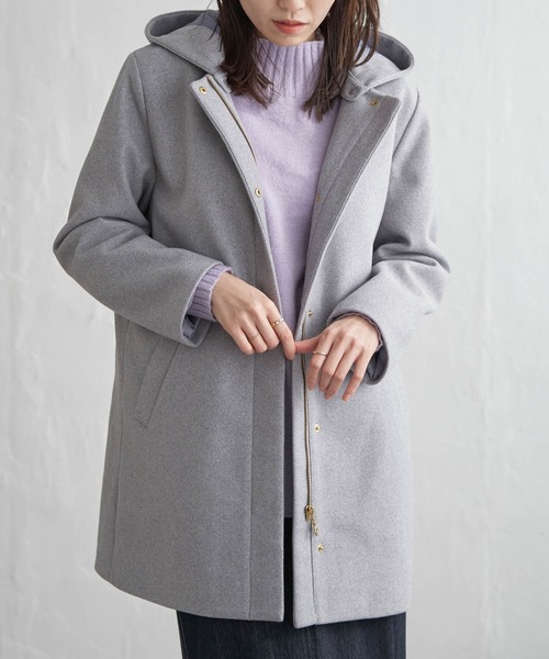 IKKA LOUNGE ノーカラーコート コート ウールライクストレッチフード