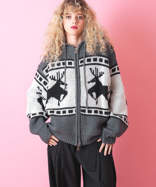 パーカー a.p.o.v. ノルディック柄カウチンニットフーディーセーター