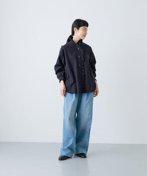 かぐれ ブラウス シャツ コットンリネンフリルカラーシャツ レディース