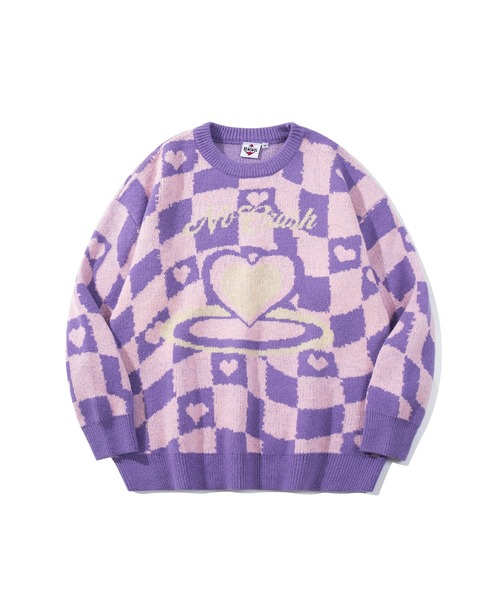 セーター ニット 「HOOK」ハートと市松模様ニット風スウェット メンズ