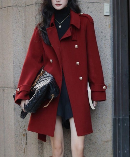 ピーコート pコート ダブルブレストベルト付きミドルレングスコート