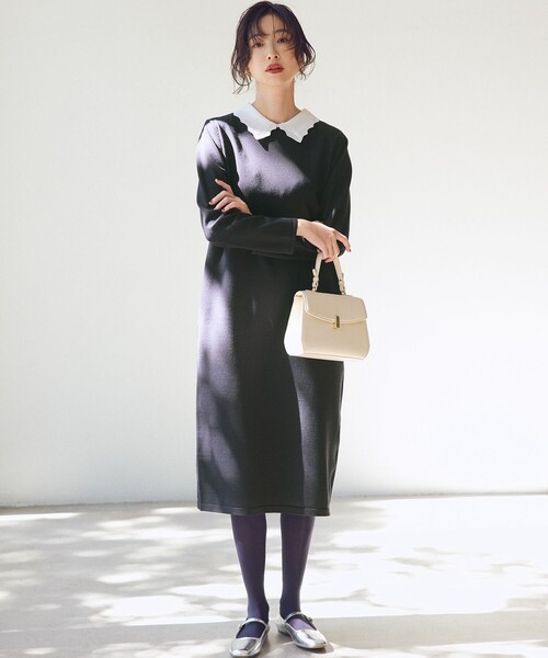 組曲（KUMIKYOKU） ワンピース レースライク襟付きニットワンピース