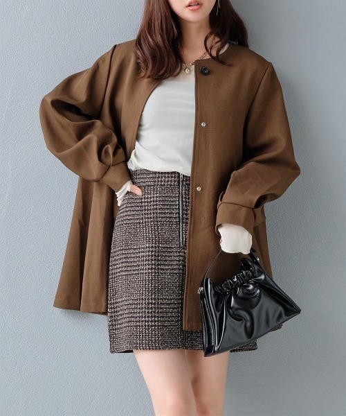 ノーカラーコート コート マフラー付き ノーカラーフレアミドルコート