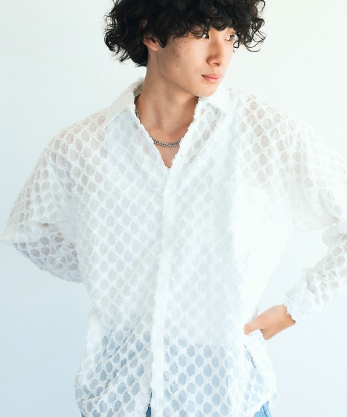 aimoha（アイモハ） シャツ 長袖総柄ひしがたシースルーシャツ (SS