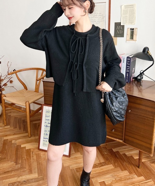 moment+ ワンピース 「セットアップニット」前後2WAYリボンミックス