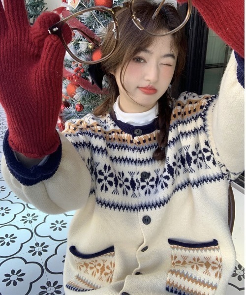 AsRiRe カーディガン ノルディック柄 ロングニットカーディガン