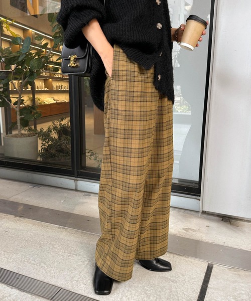 andme（アンドミー） パンツ チェック柄タックワイドパンツ レディース