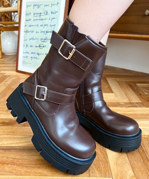moment+ ブーツ ダブルベルトバイカーブーツ レディース : ZOZOTOWN