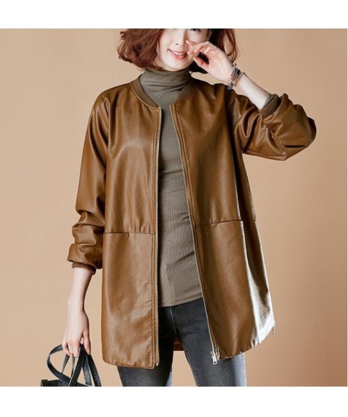 ジャケット ノーカラージャケット PUレザーMA-1ロングジャケット