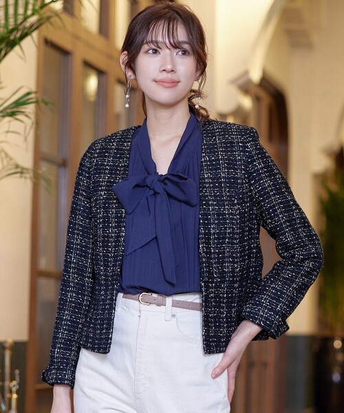 Tiaclasse ジャケット ノーカラージャケット ラメチェックツイード