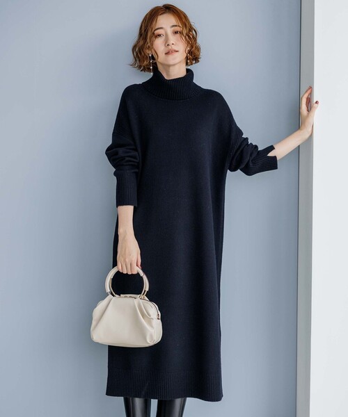 ワンピース 「洗える」ウールカシミヤ タートルネック ニット