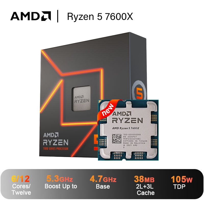AMD Ryzen 5 7600X R5 7600X 4.7 GHz 6-Core 12-Thread CPU 5NM L3=32M