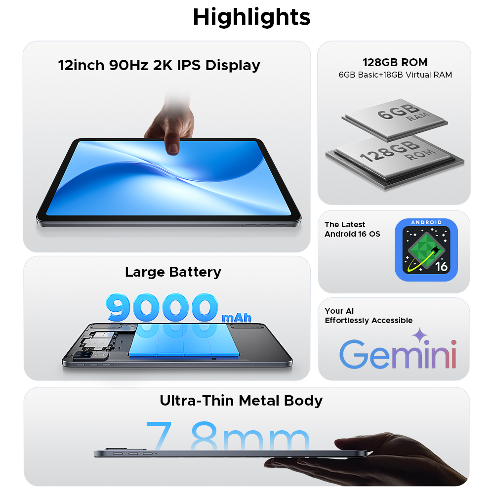 グローバル版 DOOGEE U12 タブレットPC Android 16 Gemini AI 12インチ