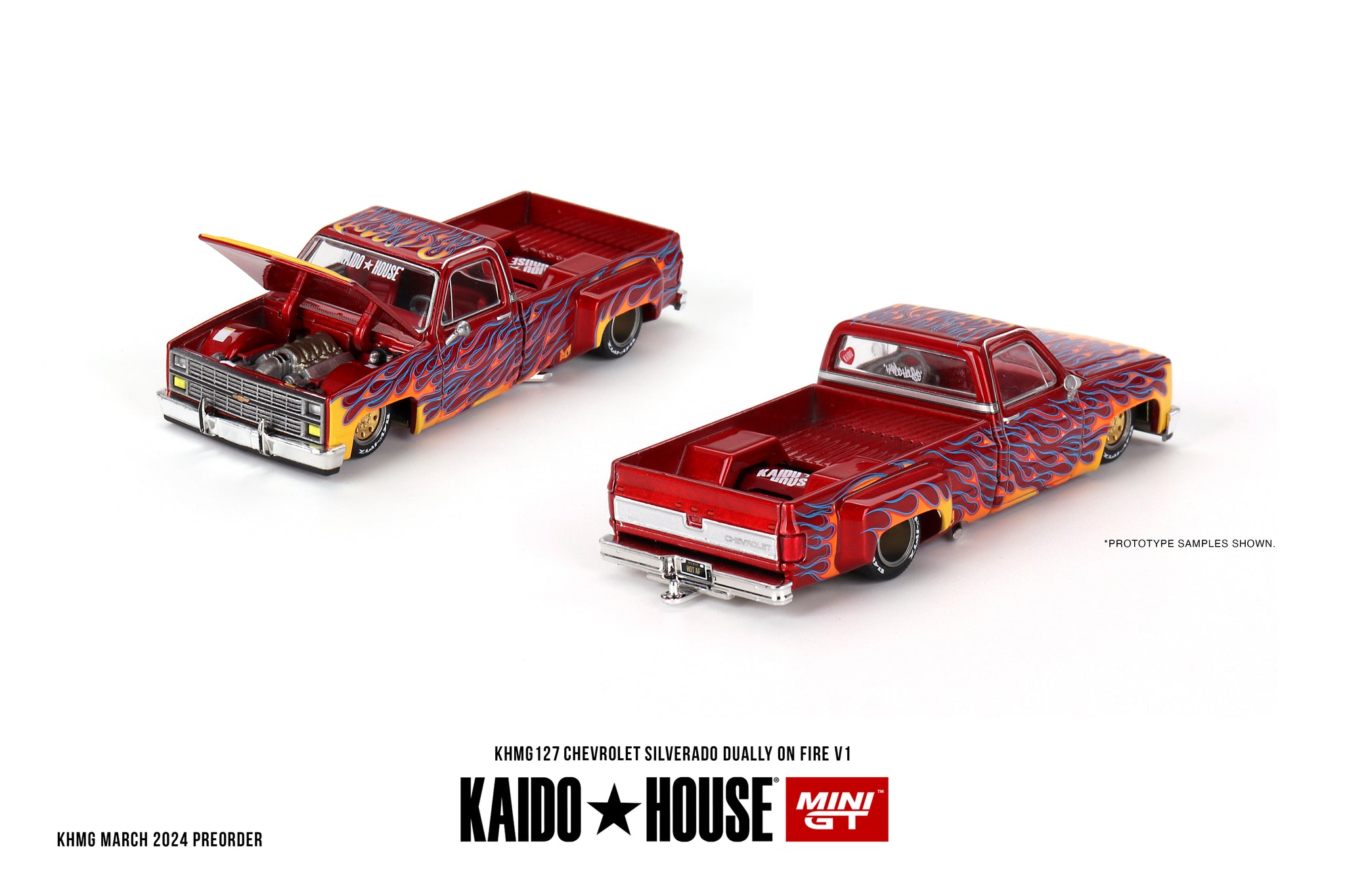 1:64 Chevrolet Silverado Dually on Fire V1 -- Kaido House x Mini GT KH