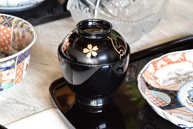 CG34 輪島塗 時代木製漆器 竹笹蒔絵 朱塗御吸物椀 五客 / 伝統漆芸茶