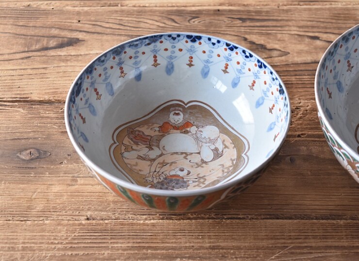伊万里 色絵 布袋唐子図 瓔珞模様 三つ鉢 小 - 生活骨董と古布の