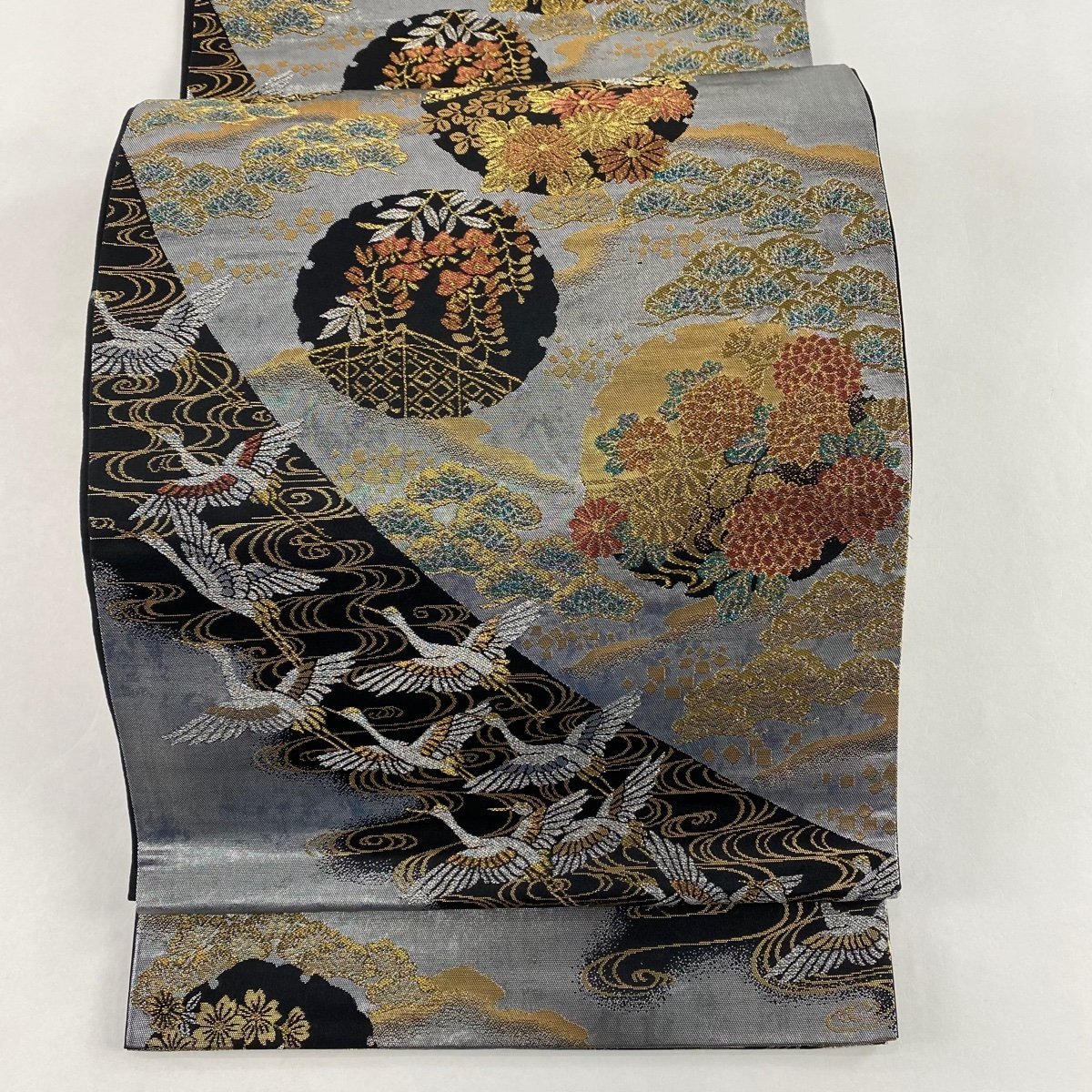 袋帯 美品 秀品 六通 正絹 袋帯 秀品 草花 鳥 金銀糸 箔