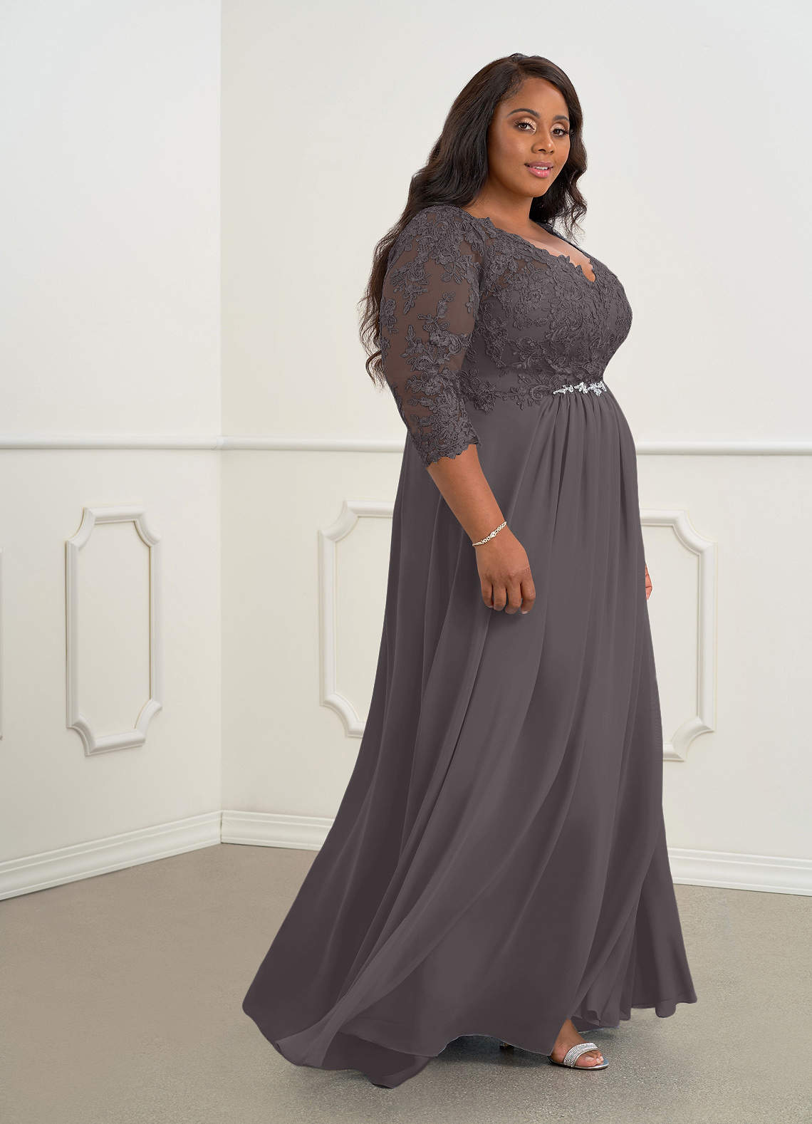 Azazie Hayek Steel Grey A-Line V-Neck Lace Chiffon Dress | Azazie