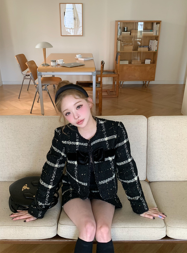 ツイードチェック柄リボンジャケット×ミニスカートセットアップ[gn556