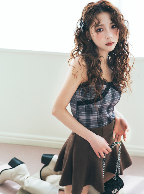 カップ付きレースチェック柄キャミソール[dk1516] | レディース