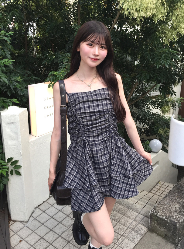 チェック柄ドロストリボンミニワンピース[dk1357] | レディース