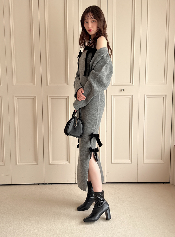 ニットカーディガン×ベロアリボンスリットワンピースセットアップ