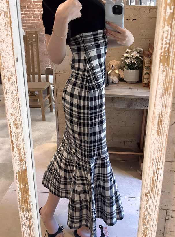 チェック柄切替マーメイドニットワンピース[kz632] | レディース