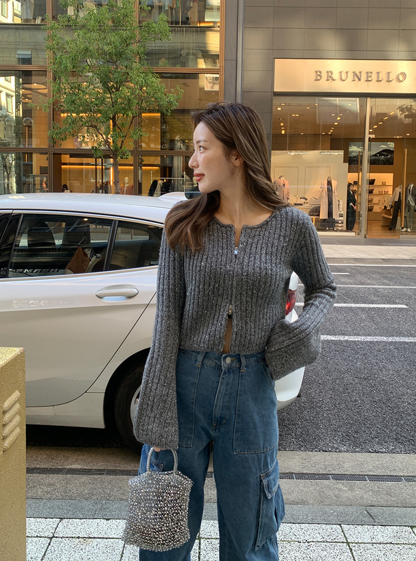 スパンコールダブルジップショート丈ニットトップス[kz633