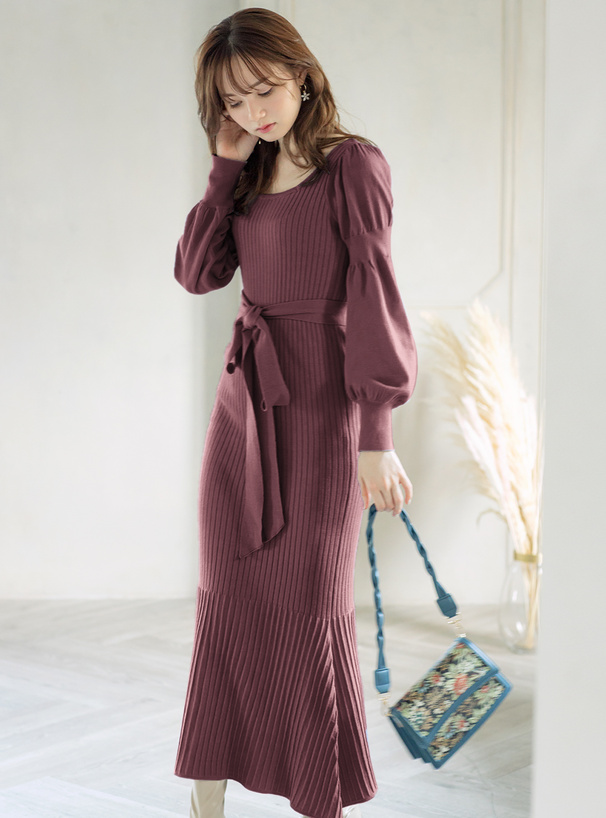 リボンベルト付きスクエアネックニットワンピース[mb1179