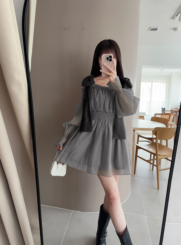 リボンシャーリングシアーミニワンピース[tu1365] | レディース