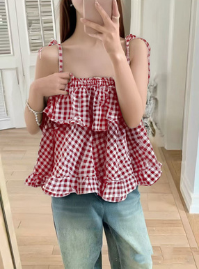 ギンガムチェックリボンショルダーフレアキャミソール[sd113