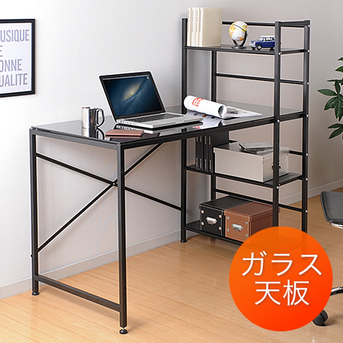 シェルフ付パソコンデスク（ガラス天板・ブラック） | 激安通販のイー