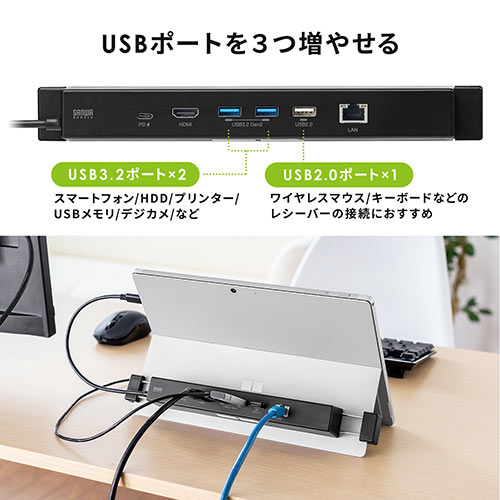 ドッキングステーション（Surface・Type-C・4K/30Hz・HDMI・USB×3・LAN