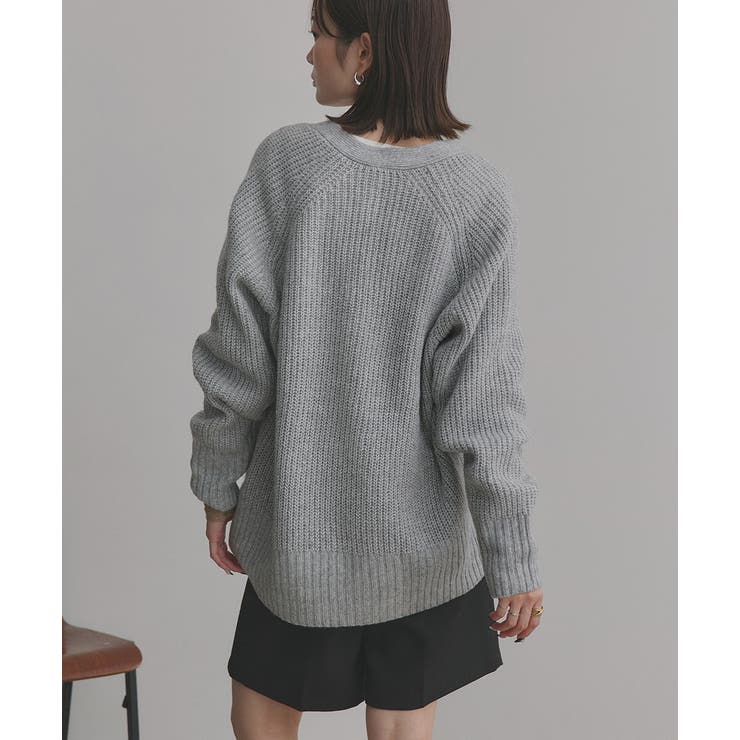 片畦編み・Vネック MIXニットカーディガン[品番：ADEW0003803]｜ad